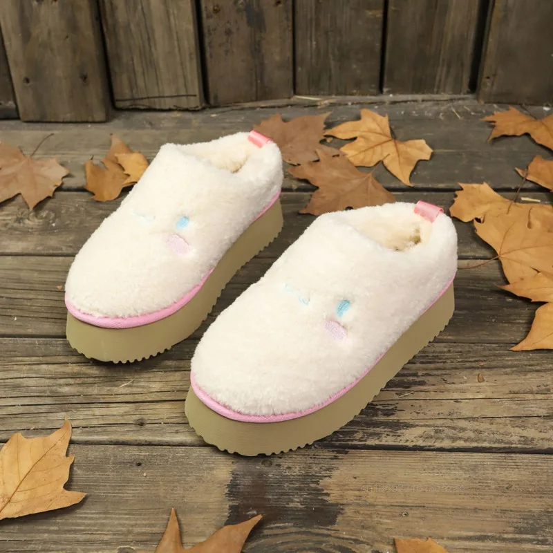 Sanrio Hello Kitty Cinnamoroll Rolling Hair Slippers Women's Autumn Winter New Warm Plush Slippers Trend Versatile Cotton Shoes