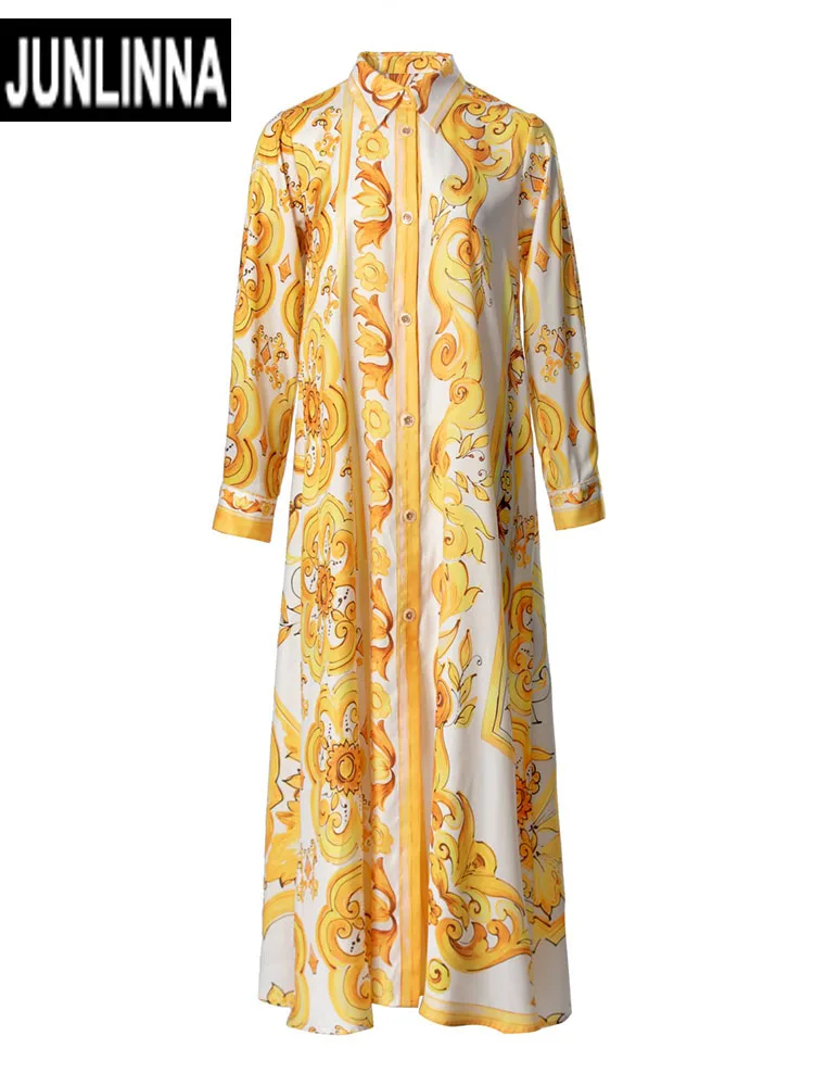 

JUNLINNA Autumn New Women Long Shirt Dress Turn-down Collar Long Sleeve Vintage Yellow Porcelain Printing Loose Vestidos Causual