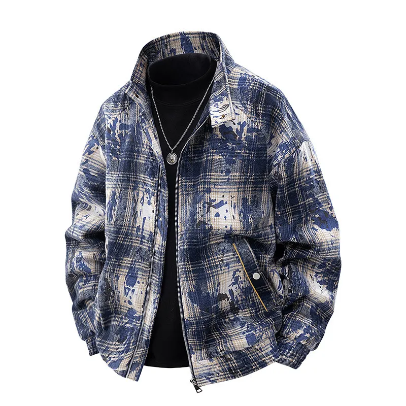 

Plaid coat men spring and autumn trend ink-wash loose ruffian college style jacket for men large size loose casual jackets