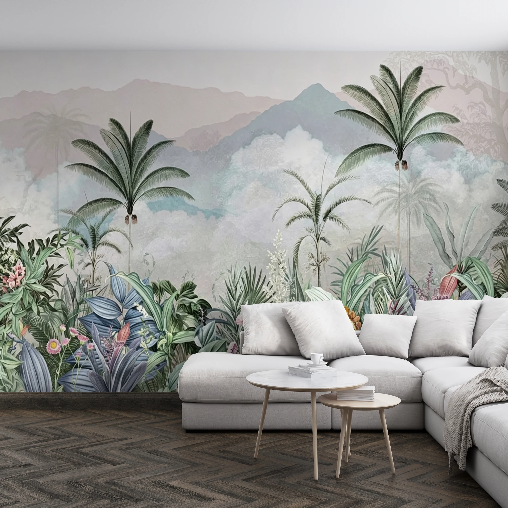 Tropical Rainforest Mountain Mural Wallpaper, Palm Leaf Floral Landscape Wall Mural Home Decor