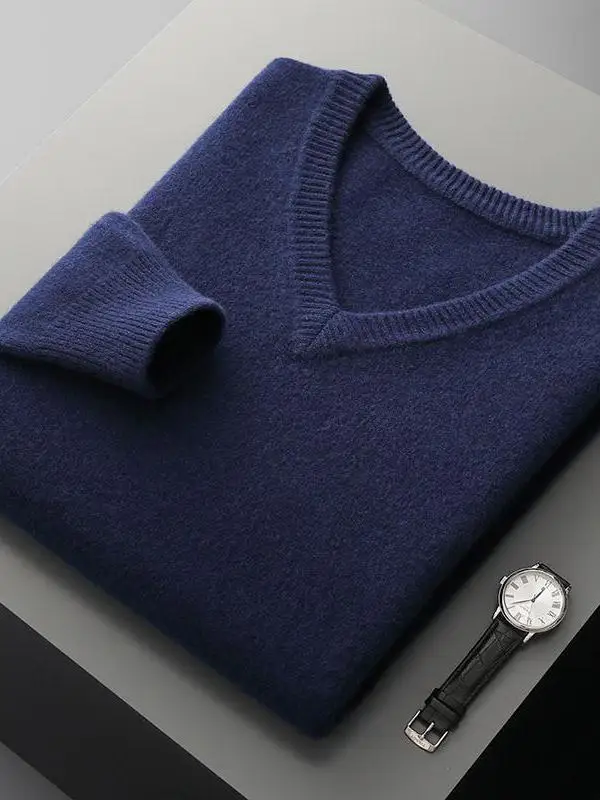 

Мужской утепленный шерстяной пуловер с V-образным вырезом, 100% чистая шерсть, вязаный, теплый, повседневный, с длинным рукавом, базовый слой
