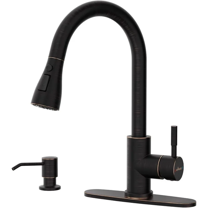 APPASO Oil Rubbed Bronze Kitchen Faucet, Stainless Steel Kitchen Faucet with Soap Dispenser and Pull Down Sprayer 3 Modes