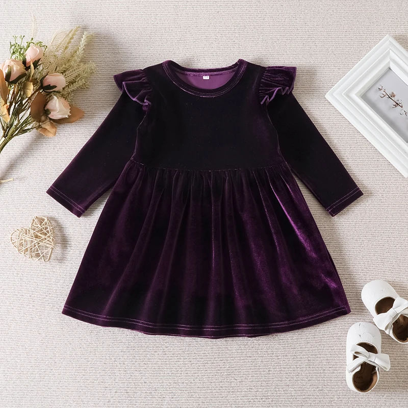 Autumn Solid Color Single-sided  Velvet  Dress for Baby Girls, Soft and Versatile Children\'s Wear, Suitable for Party