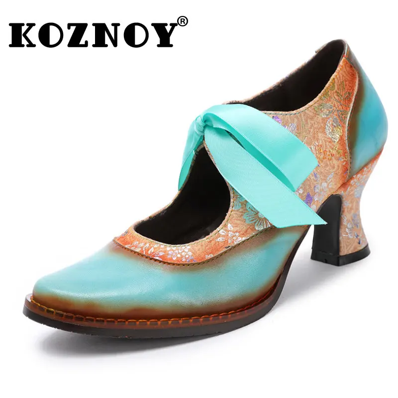 

Koznoy Elegant Woman Shoes with Low Heels Silk 6cm Genuine Leather Summer Big Size Fashion Tip Toe Women Party Latin Dance Shoes