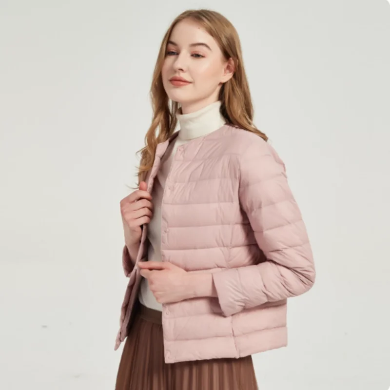 Chaqueta ligera de otoño e invierno para mujer, plumón de pato blanco de gama alta, cuello redondo, cuello en V, forro corto que combina con todo, novedad de 2025