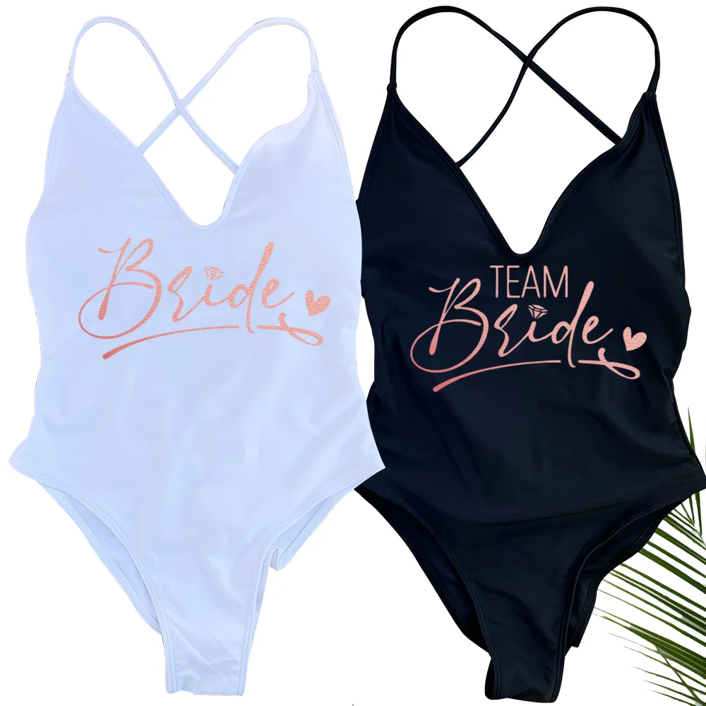 Sexy Gepolsterter Braut-Badeanzug Einteiliger Team Bride Badeanzug Damen Rückenfreier Roségold Badeanzug Sommer Strandkleidung Monokini Tanga