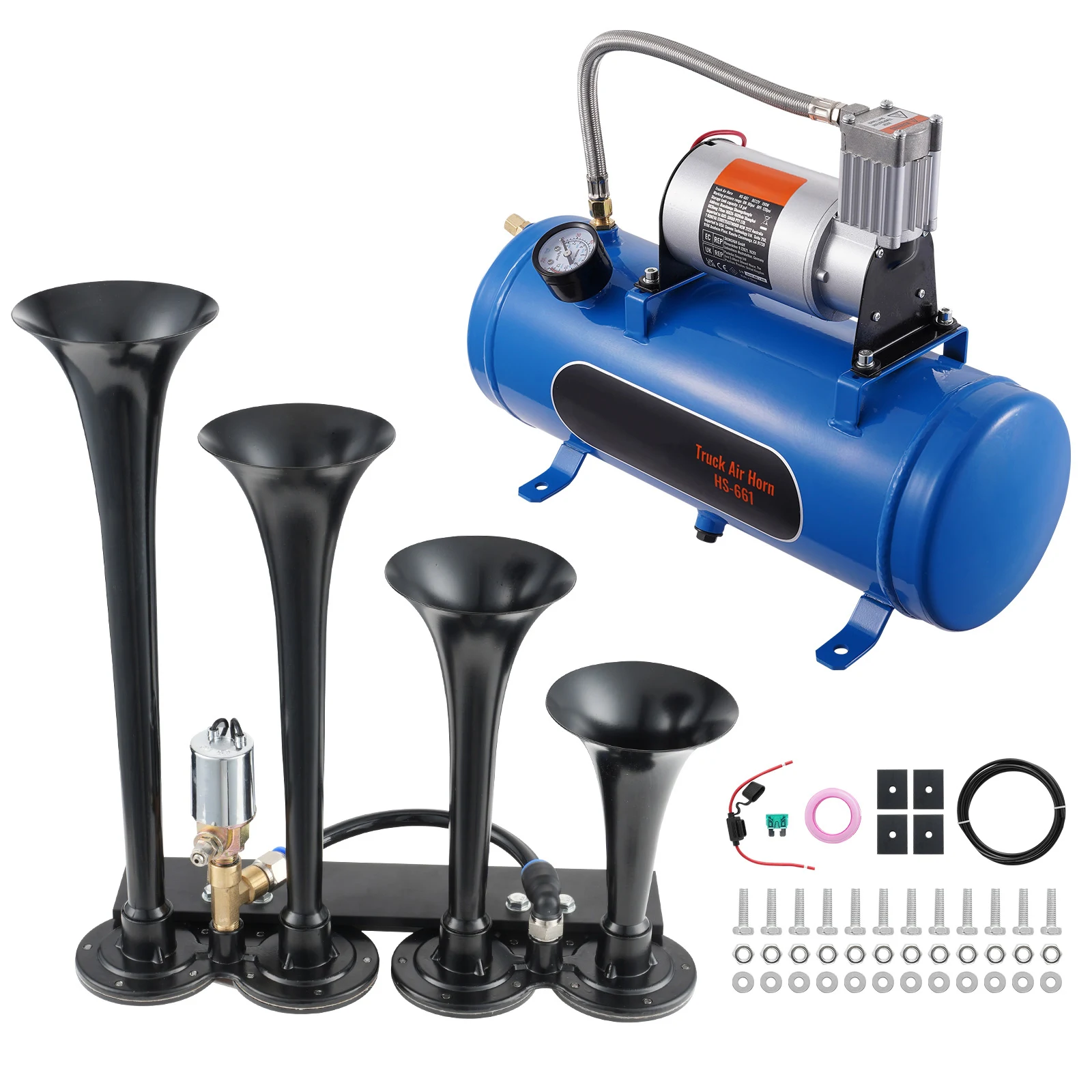 

SucceBuy Train Horns Kit 4 Trumpet Air Horn Kit 150dB Train Horns 12V Air Compressor with 3/6/10L Tank, for Pickup Trucks Train