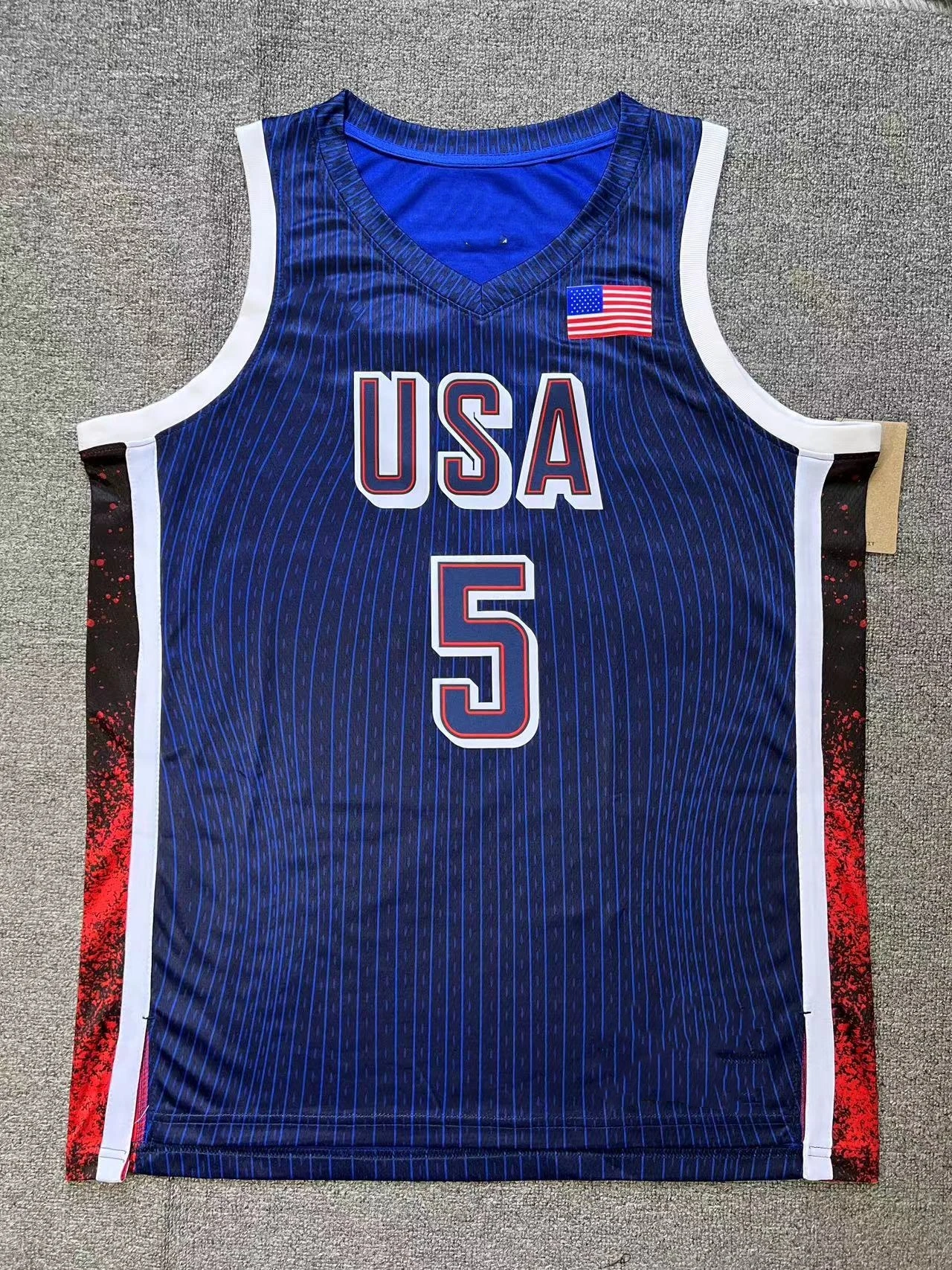 جديد وصول 2024 باريس فريق الولايات المتحدة الأمريكية الأزرق شريط 4 كاري 5 إدواردز 6 جيمس كرة السلة جيرسي الشارع بلا أكمام تي شيرت رياضي القمم #5