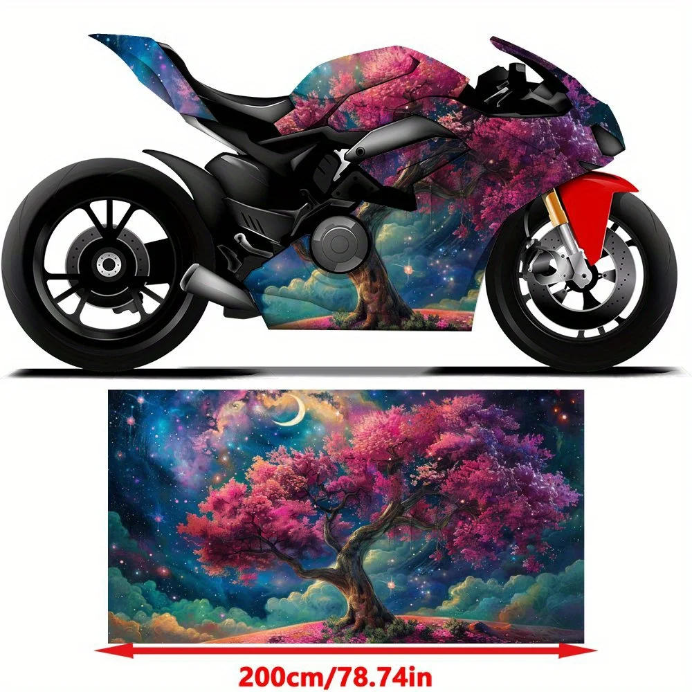 Dreamy Starry Night Flowering Pink Tree Motorcycle Stickers, Durable Car Vinyl Wraps Suitable for Most Vehicles, Car Body Sticke