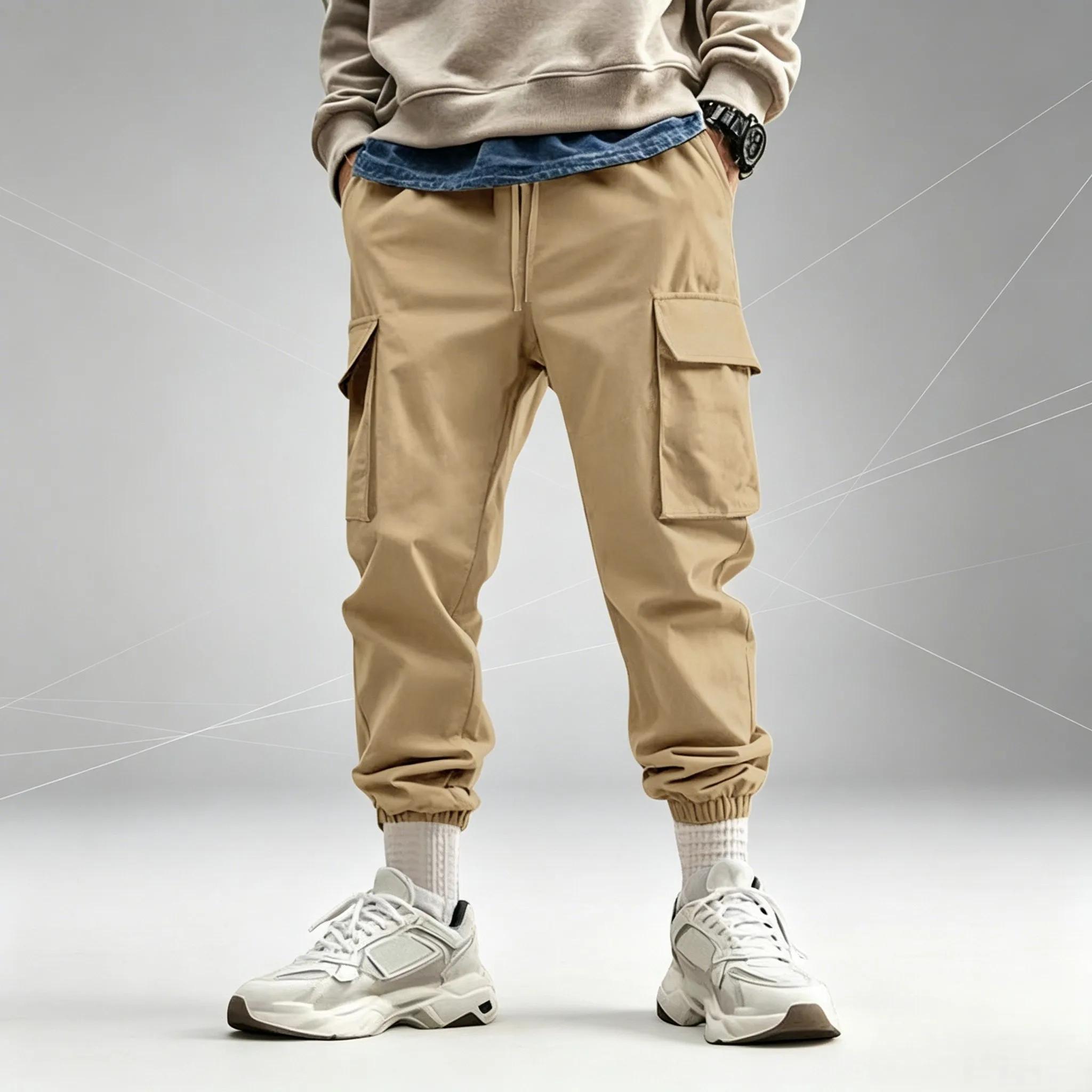 

Spring Autumn Men Cargo Pants Multi Pocket Solid Color Loose Casual Sports Joggers Outdoor Elastic Waist Ankle Banded Trousers