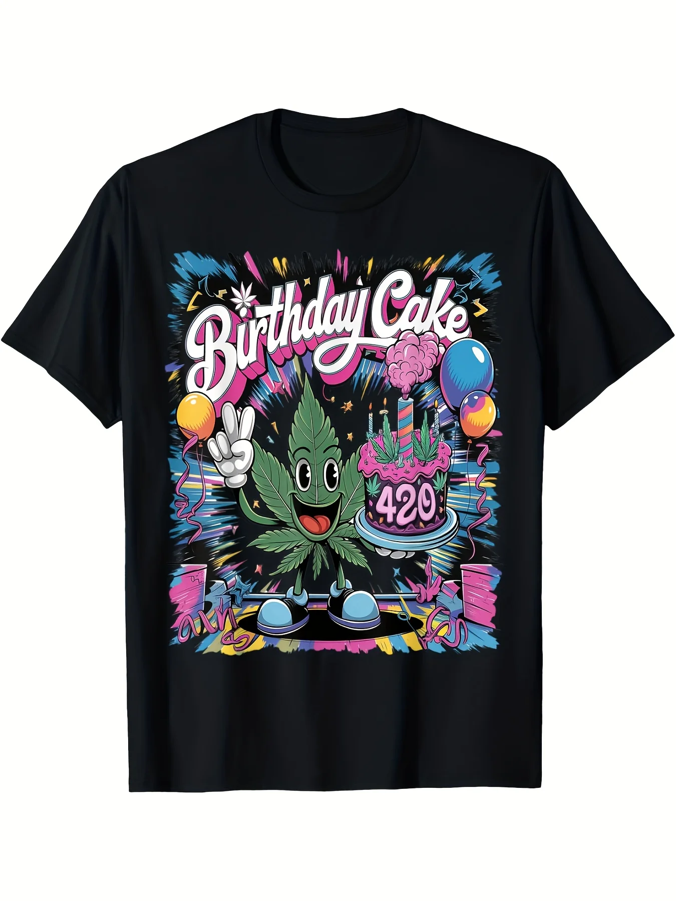 Men's 420 Culture T-Shirt - Birthday Cake Graphic & Number 420 Print, Retro Round Neck Tee Suitable for Weed Themed Parties, Casual Wear & Gifts - Comfortable Regular Fit for - Wear (Machine Washable)