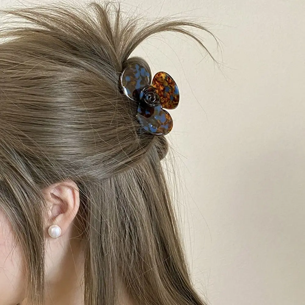 Cute French Style Flower Hair Claw Colorful Medium Size Acetic Acid Hair Clip Headwear Korean Style Camellia Hairpin Travel