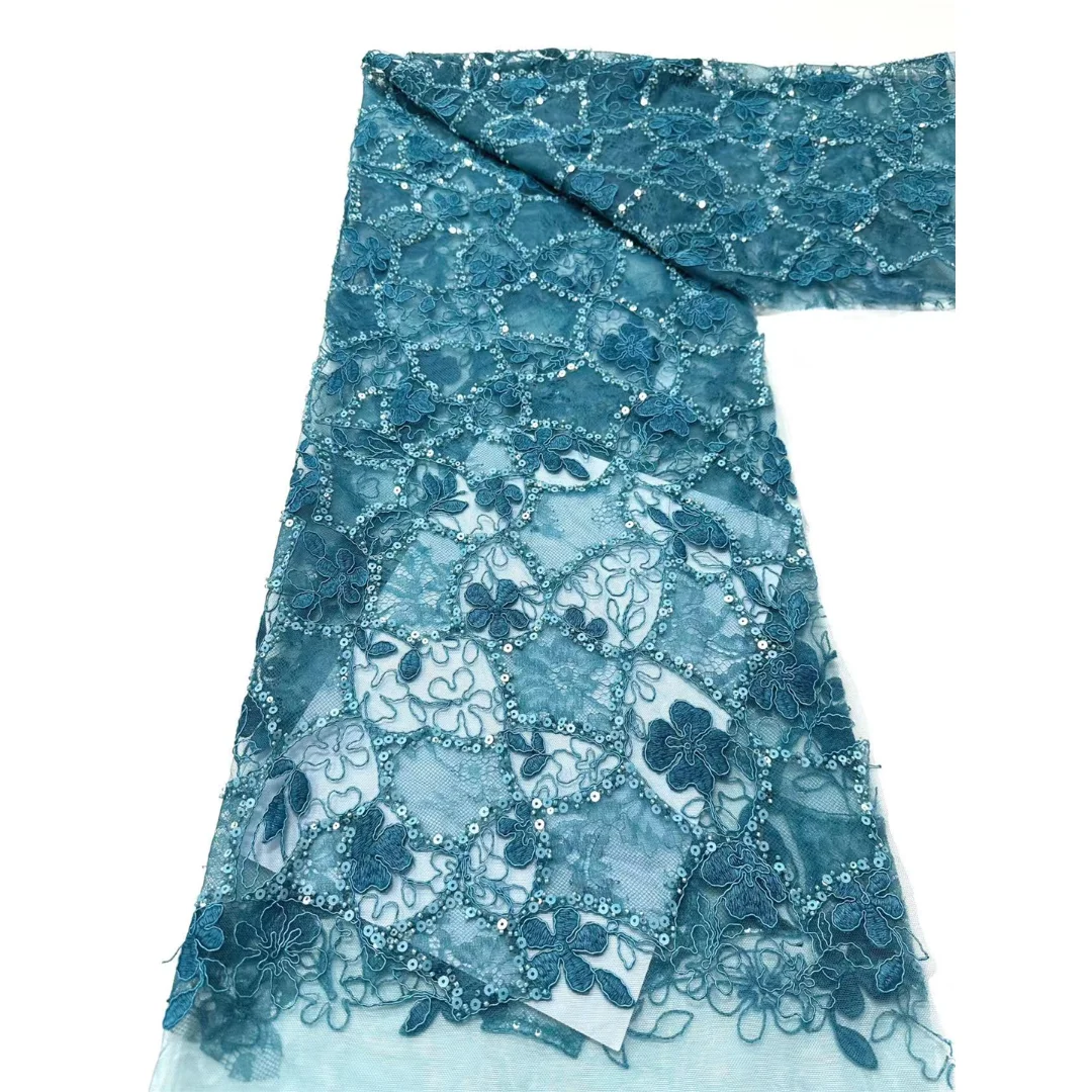 Newest High Quality Nigerian French Tulle Lace Fabric Beaded Floral Embroidery Sequins Cord Lace for Wedding Party Dress Sewing