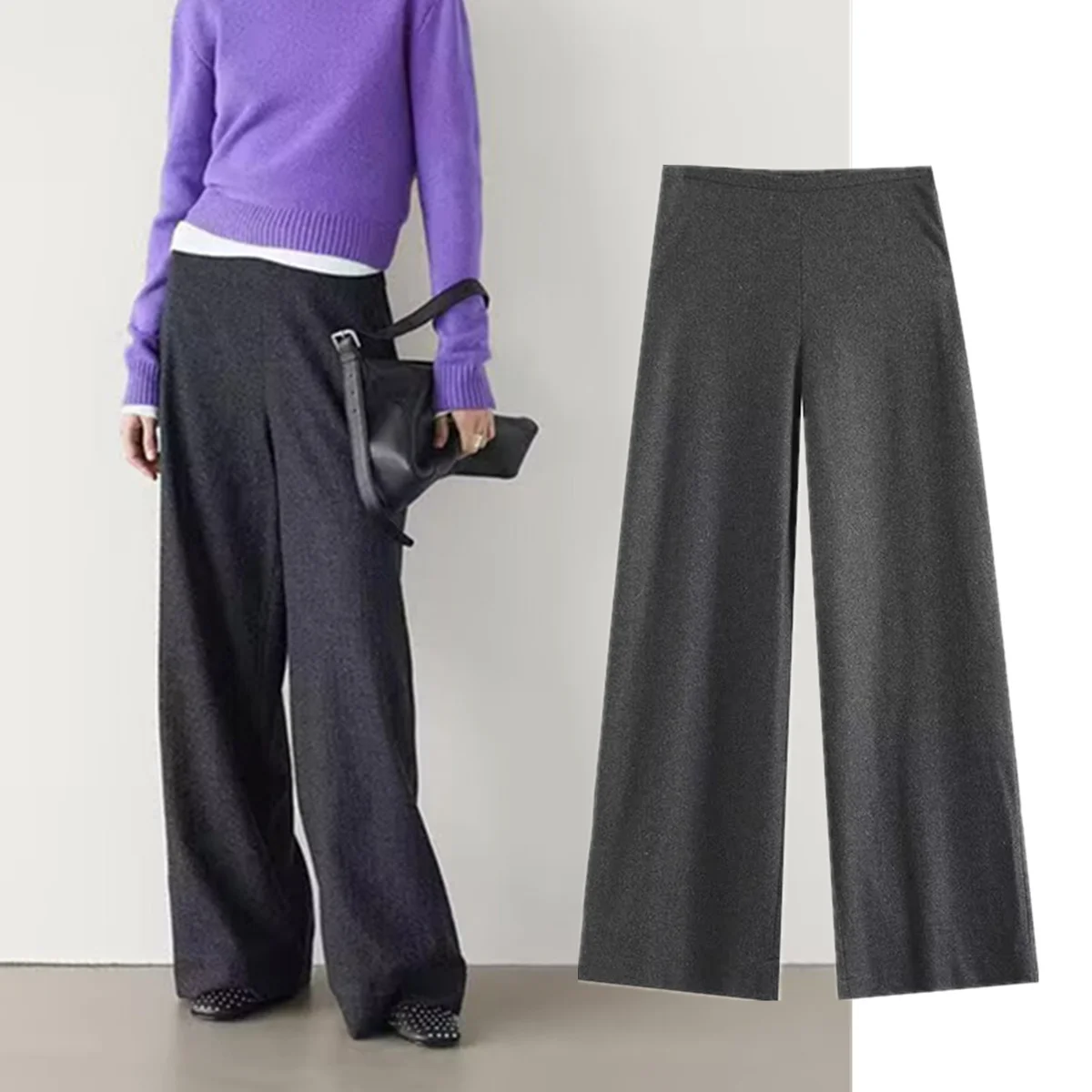 

Dave&Di Nordic Minimalist High-waisted Straight Pants Suitable Office lady Leisure Elegant Gray Wide-leg Pants Trousers