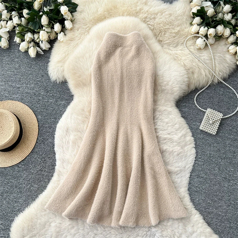 Damen Kunstnerz Gestrickter Meerjungfrauenrock Hohe Taille Weicher Flauschiger Warmer Pulloverrock Herbst Winter Eleganter Figurbetonter Langer Midirock 636 – Detail 8