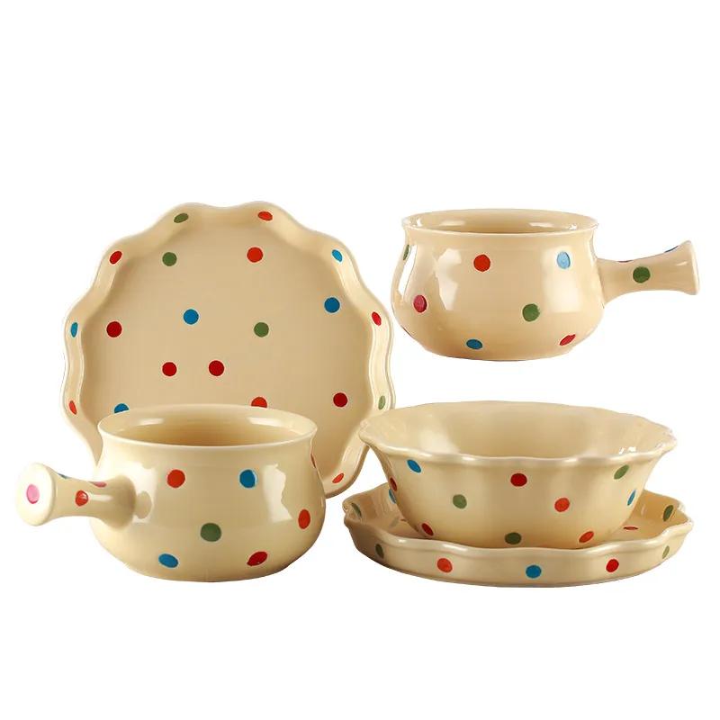 Polka Dot Ceramic Bowl and Dish Set Korean Bowl and Dish Creative Bowl Dish & Plate Cute Dinnerware Instant Noodle Bowl