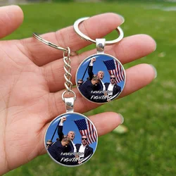 Trump Flag 2024 Keychain Never Stop Fighting Make America Great Again Attack Figure Pattern Glass Keyring Souvenirs for Fans