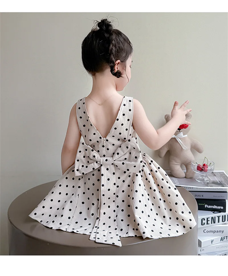 Kids Fashion Versatile Dresses Girls Polka Dots Bow Outdoor Comfortable Trend Skirt Children Elegant Birthday Party Dress 2-8Y