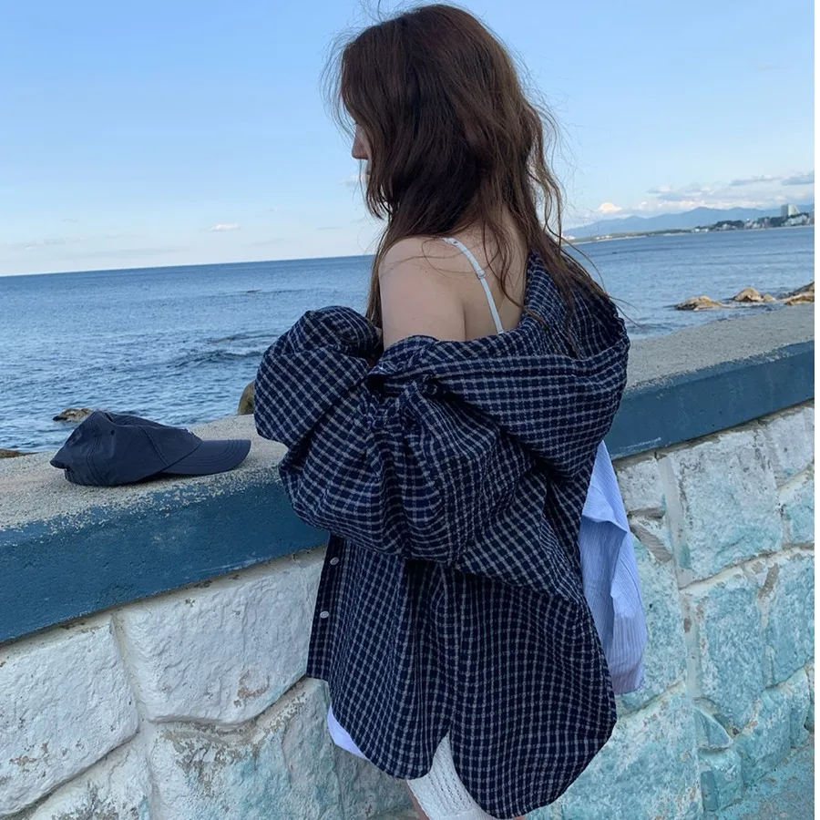 Retro Spring Autumn Plaid Color Block Loose Casual Versatile Hooded Sun Protection Shirt Women's Fashion Loose Fit Long Sleeve