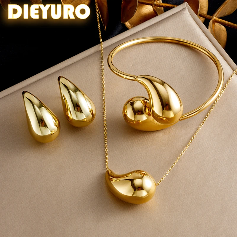 DIEYURO 316L Stainless Steel Golden Droplet Shape Necklace Bracelet Earrings Suit Women 2024 New Trend Non-fading Jewelry Set