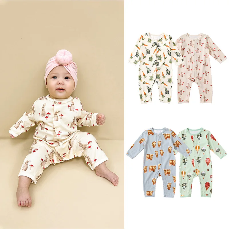 

Newborn Girls Rompers Spring Cartoon Jacquard 100% Cotton Toddler Girls Jumpsuits Round Neck Kids Baby Girls Bodysuits Overalls