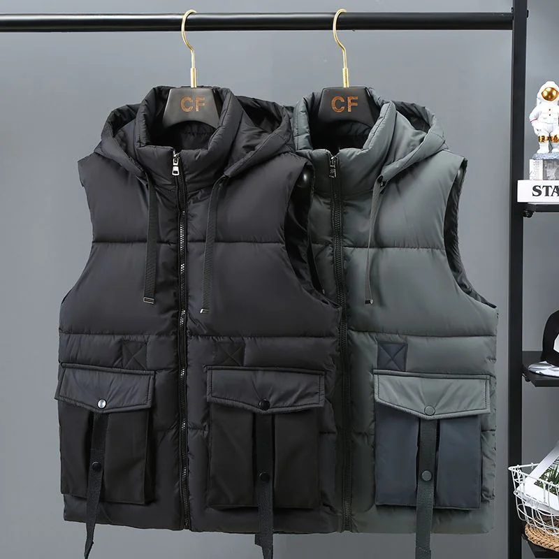 

Men's vest autumn and winter large size casual tooling with hat, cold and warm vest, outer vest trendy cotton vest