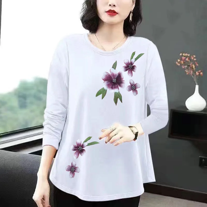 Fashion Women Clothing Casual Oversized T-shirt Spring Autumn Thin Long Sleeve New Tees Versatile Floral Basic Pulover Midi Tops