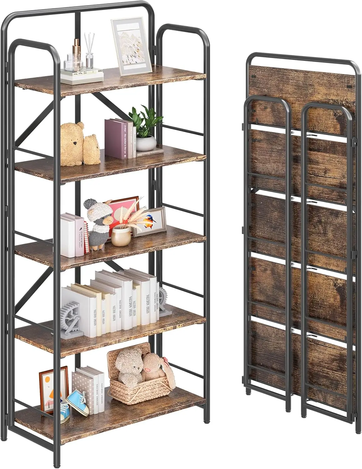 

No Assembly Folding Bookshelf, 5 Tiers Collapsible Book Shelves Open Industrial Foldable Storage Bookcase Shelf for Bedroom