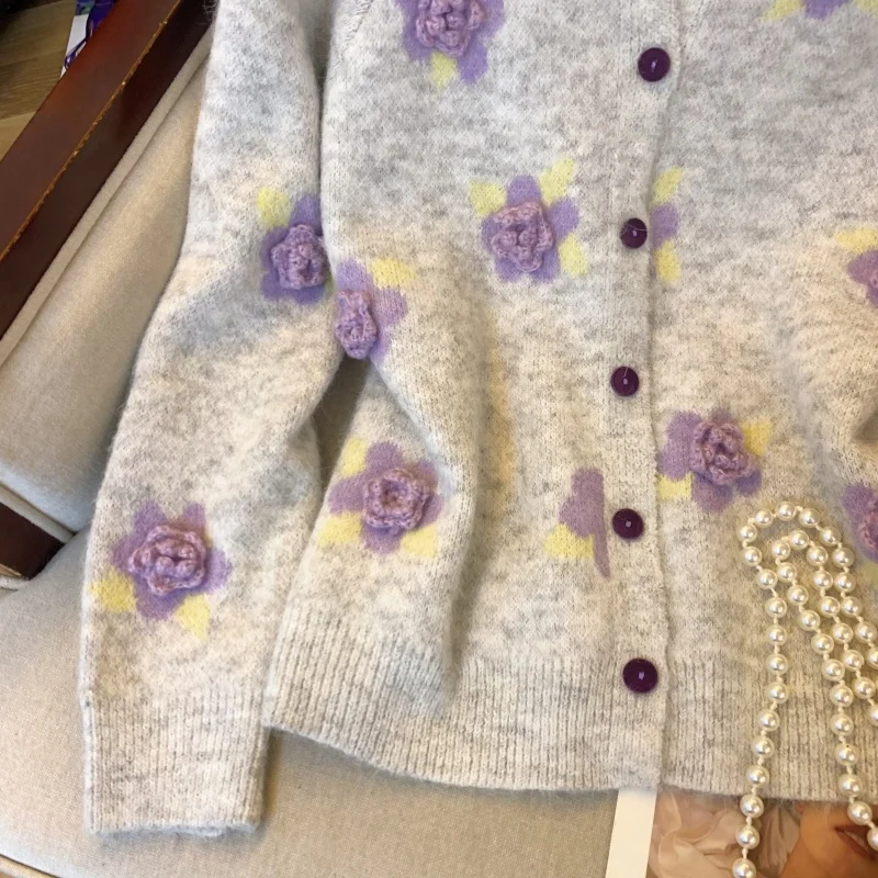 Maglione cardigan lavorato a maglia gotico nero da donna maglione vintage anni 2000 Y2k maniche lunghe maglione di cashmere fiore 3D abiti autunno inverno