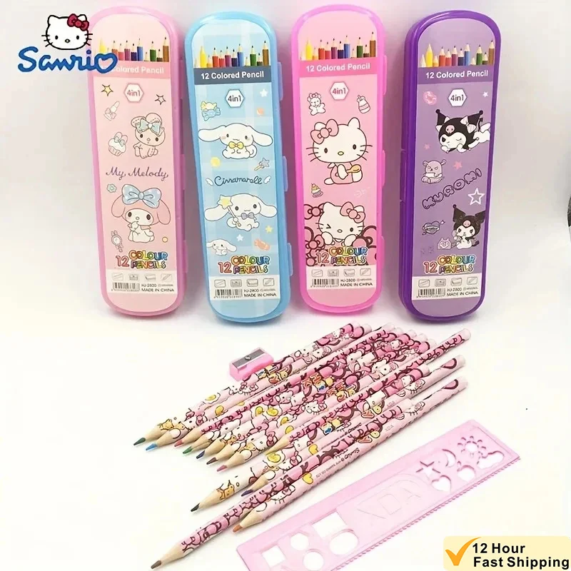 Sanrio Hello Kitty Colored Pencils Anime Cartoon Kuromi Cinnamoroll Patterns 12-Color Colored Pencil Set Children\'s Stationery