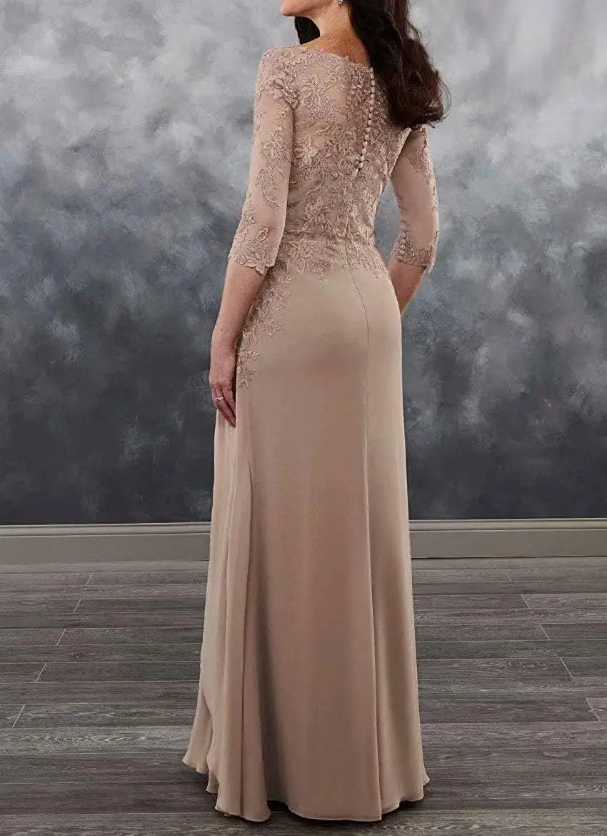 Wedding Mom Dress 3/4 Sleeve Lace Embroidered Lotus Leaf Edge Bridal Mom Dress, Ruffle Long Elegant Formal, Guests Evening Dress