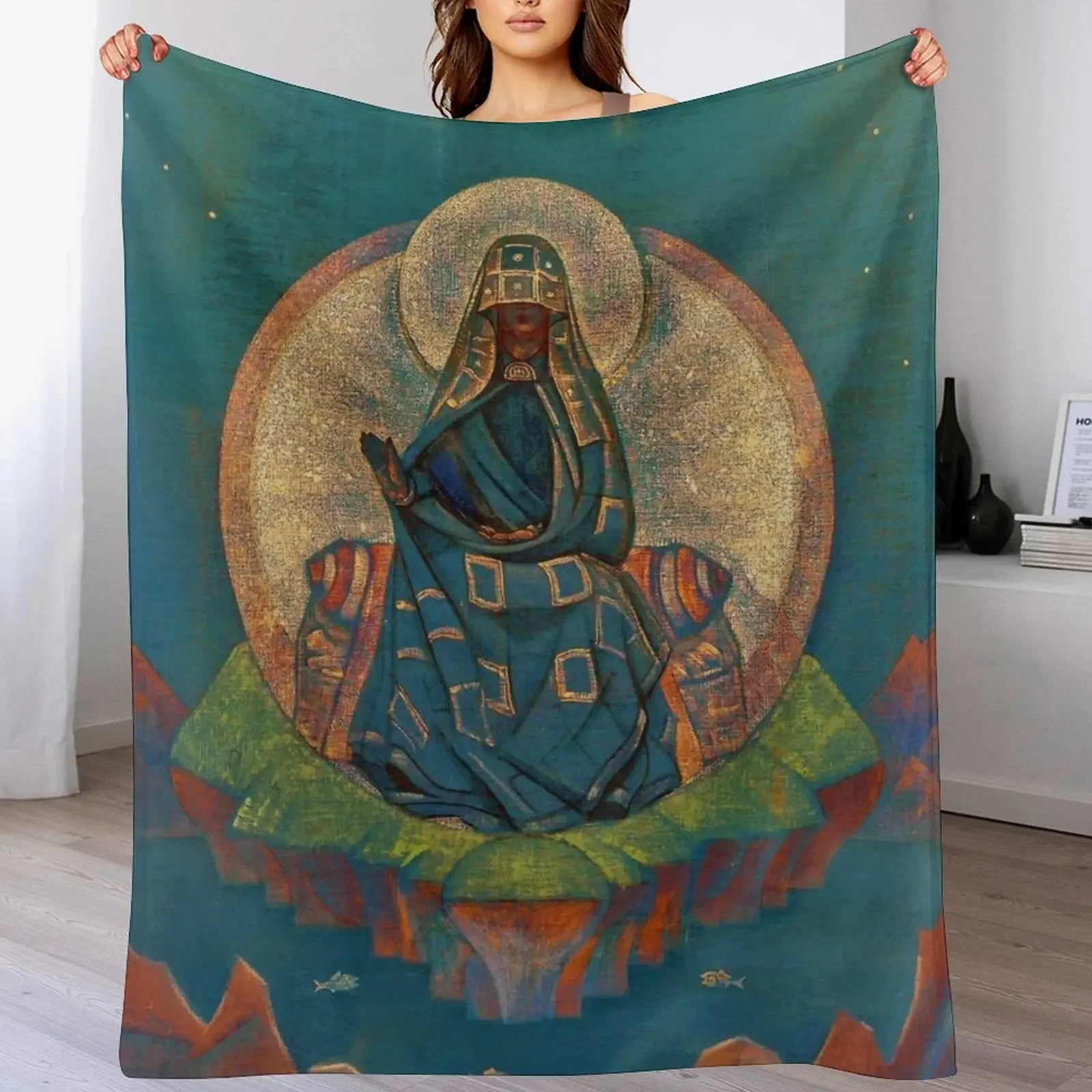 Nicholas Roerich Mother of the World, 1924 - warmer colours Throw Blanket Cozy Throw Blanket Birthday Gift for Him Her