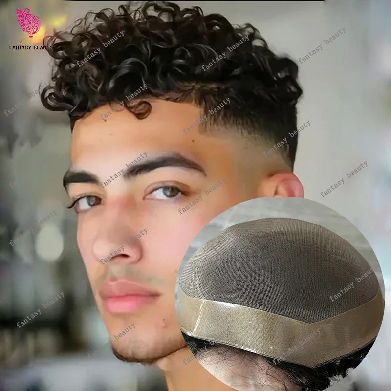 

Natural Frontline Afro 18mm Curly Men's Toupee Undetectable Durable Fine Mono PU System Wave 24mm Curly European Human Hair Wig