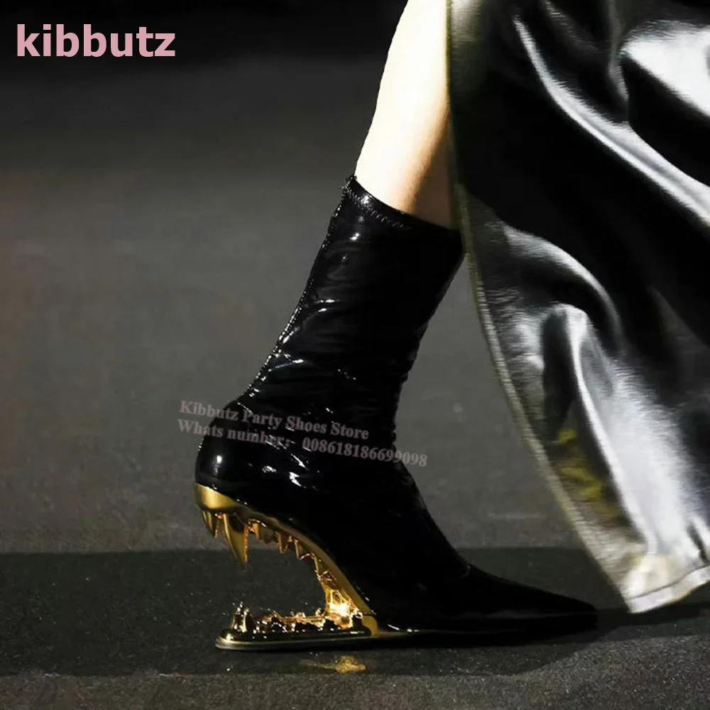 Hollowed Tiger Teeth Ankle Boots Fangs Giant Teeth Metal High Heel Genuine Leather Sock Shoes Fashion Show Luxury Women Shoe New