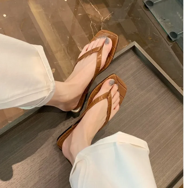 

Aneikeh Brown Print Kitten Heel Flip Flops Women Square Toe Sandals 2026 Summer Casual Slides Daily Party Ladies Shoes