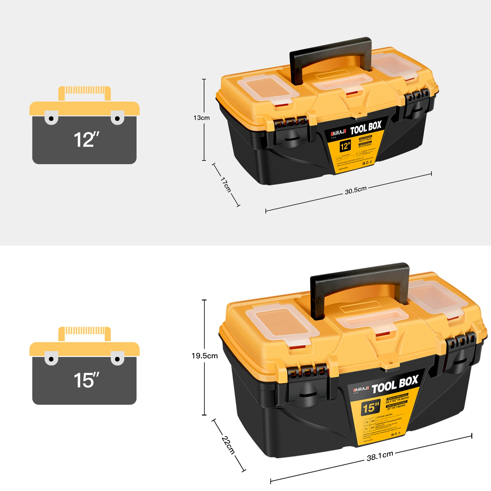 AIRAJ PRO Tool Box 12 Inch + 15 Inch Empty Plastic with Tray and Locking.Suitable for tool