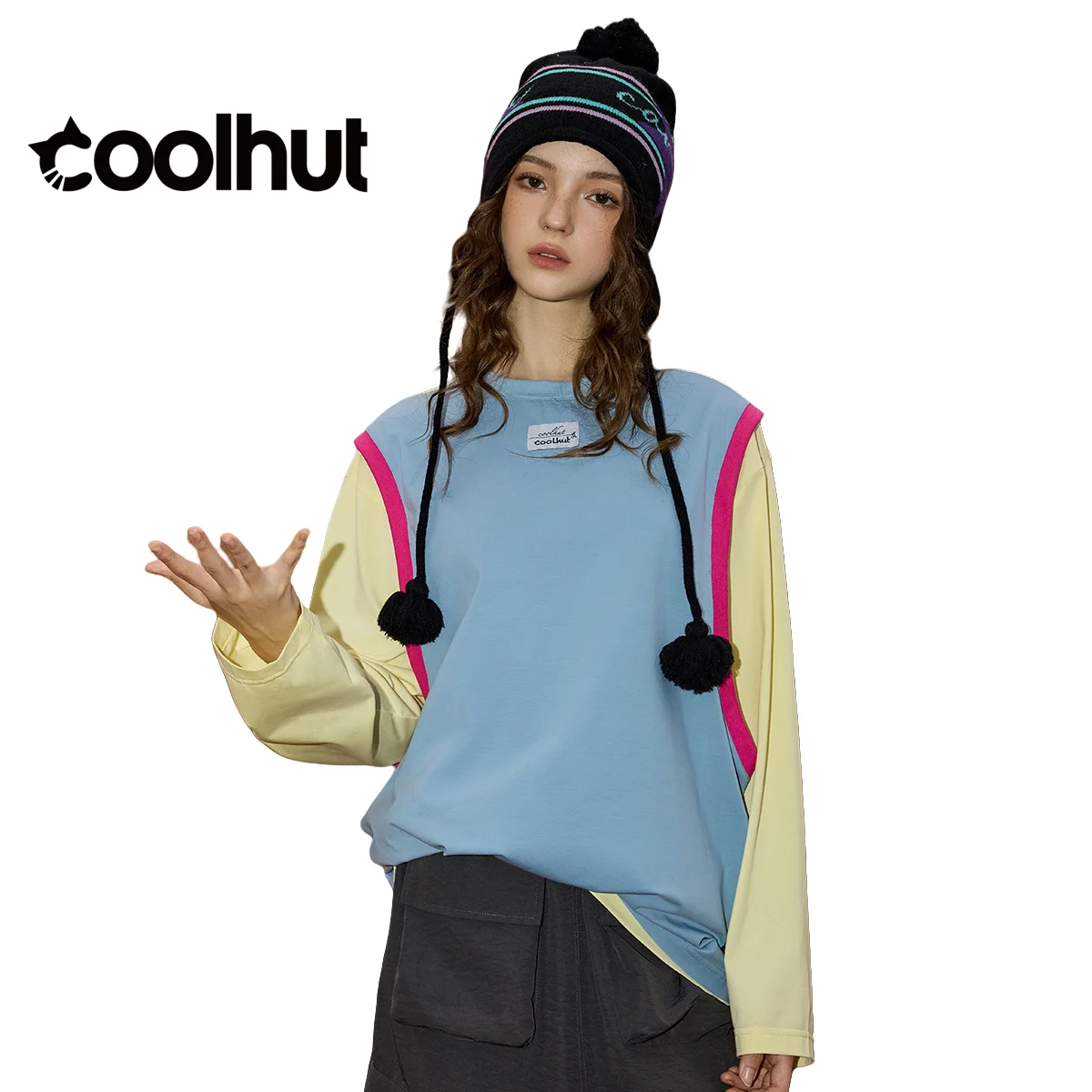 

COOLHUT Women's Color Block Sleeveless Vest Fake Two Piece Tee Long Sleeve Loose Fit Unique Design Fall Casual Top Streetwear