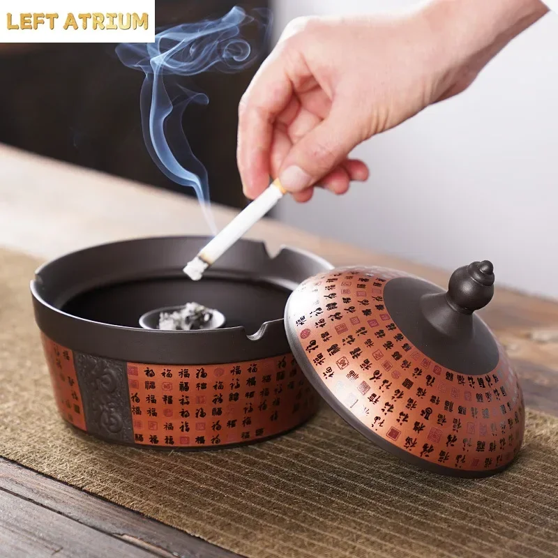 Chinese Porcelain Ashtray with Lid, Personalized Trend Household, Windproof Stylish, Personalized Purple Sand, Baifu