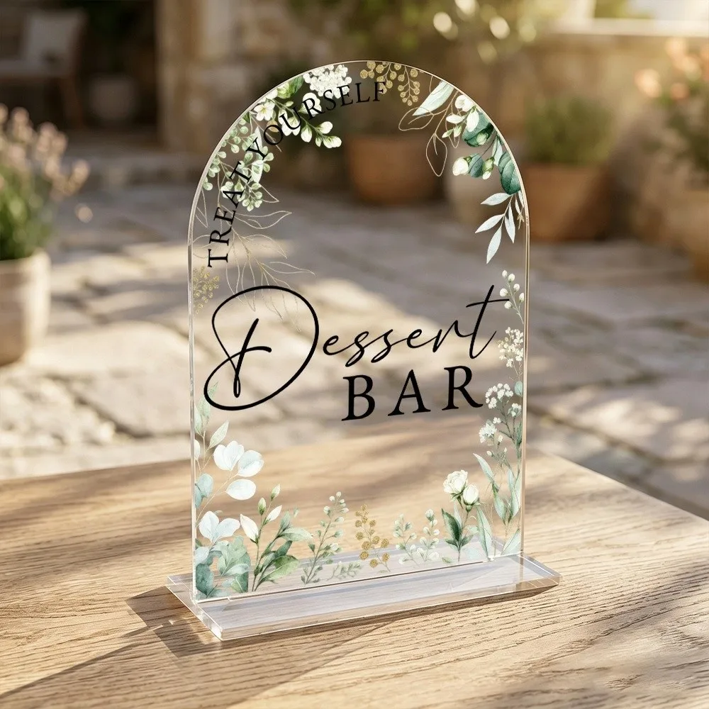 2D Flat Acrylic Table Sign Arch Shape Transparent Wedding Sign with Stand Green Leaf Design Table Top Sign Bachelorette Party