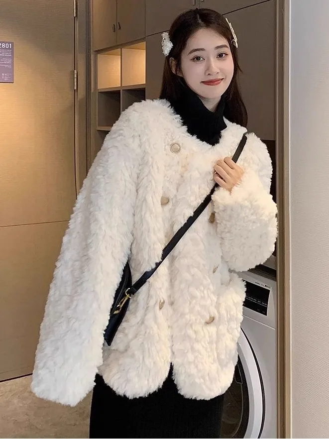 Lamb Fur Jacket Women's Winter New Fashion Small Size Loose Thick White Fluffy Cotton Clothes Sheepskin Coat Long Sleeve roun...