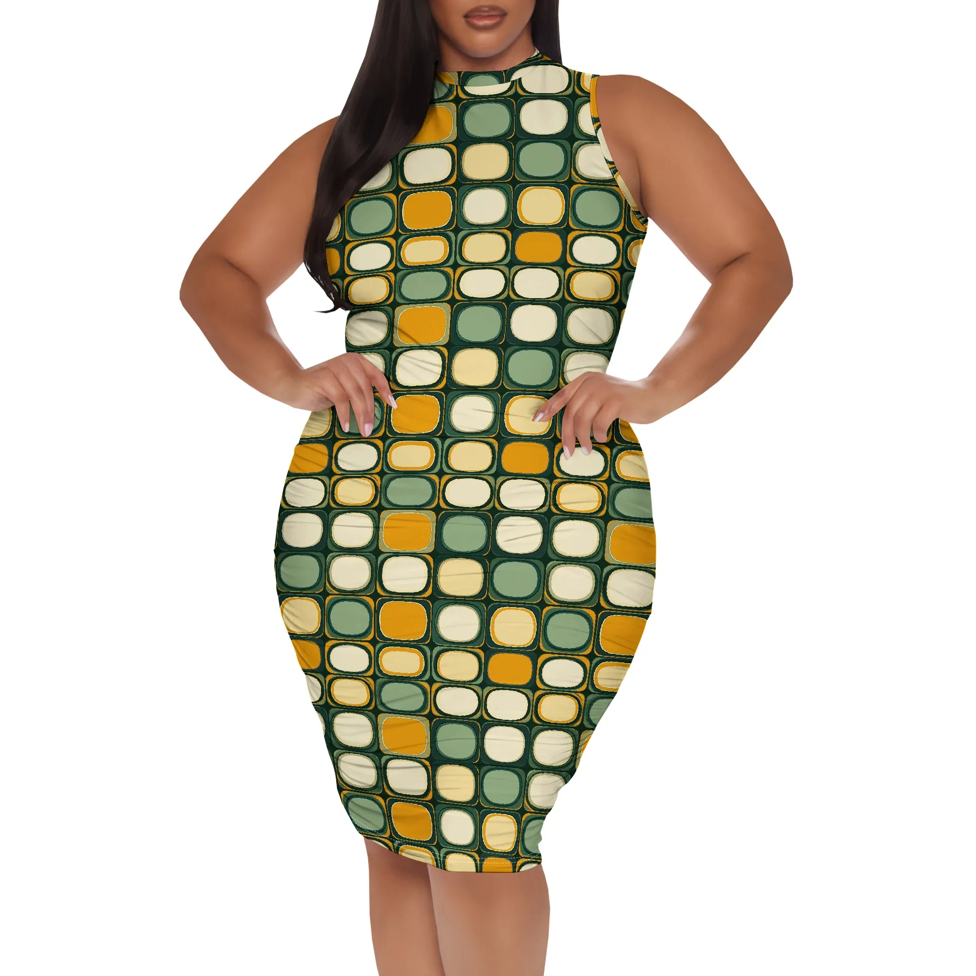 Plus Size Retro Grid Print Bodycon Dress XL-6XL Vintage Sleeveless Summer Party Dress for Women 2025