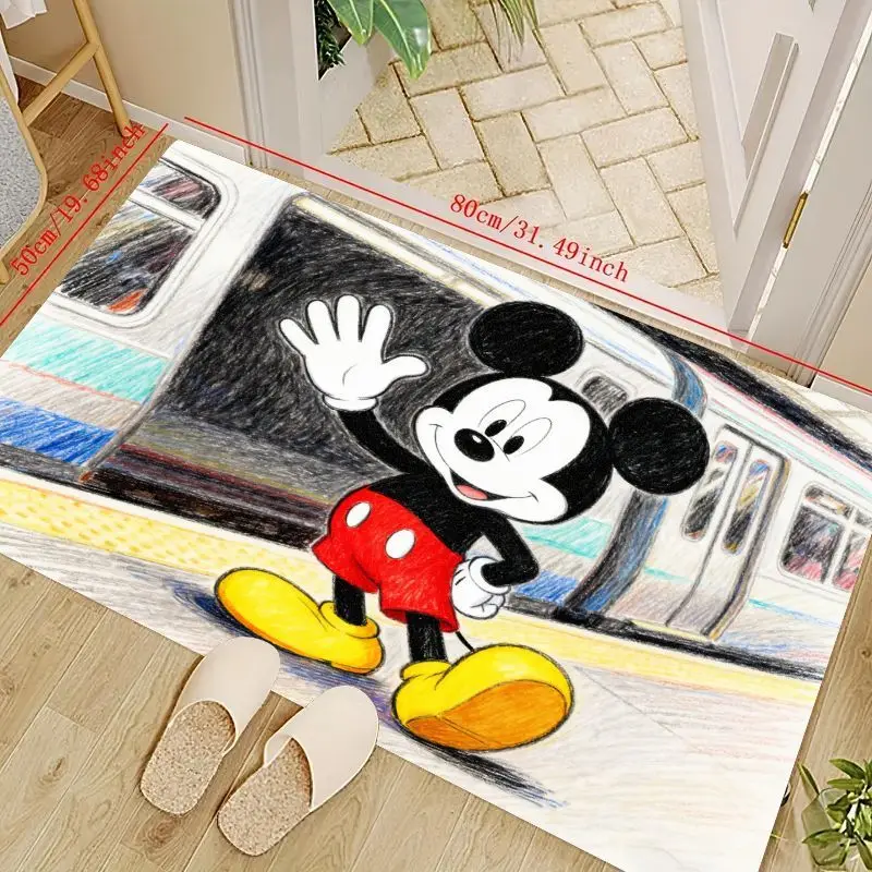

1PC Disney Mickey Mouse Waving Cartoon Floor Mat 50x80cm (19.68x31.49inch), Kawaii Sketch Style Train Station Platform Design Ar