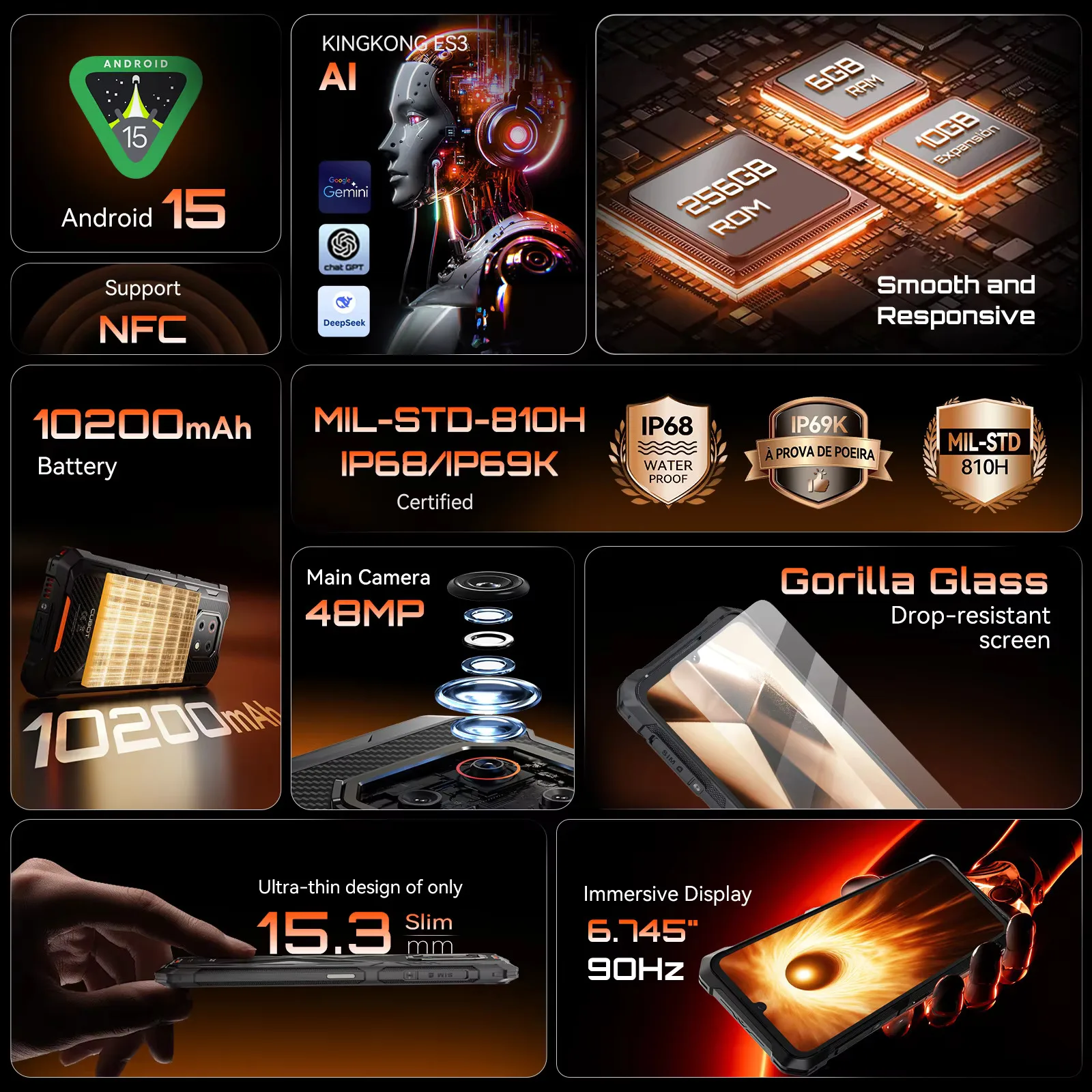 Cubot KingKong ES 3 Rugged Smartphone Android 15 10200mAh Battery 16GB RAM(6+10)+256GB ROM 6.745" 90Hz Screen NFC Face ID