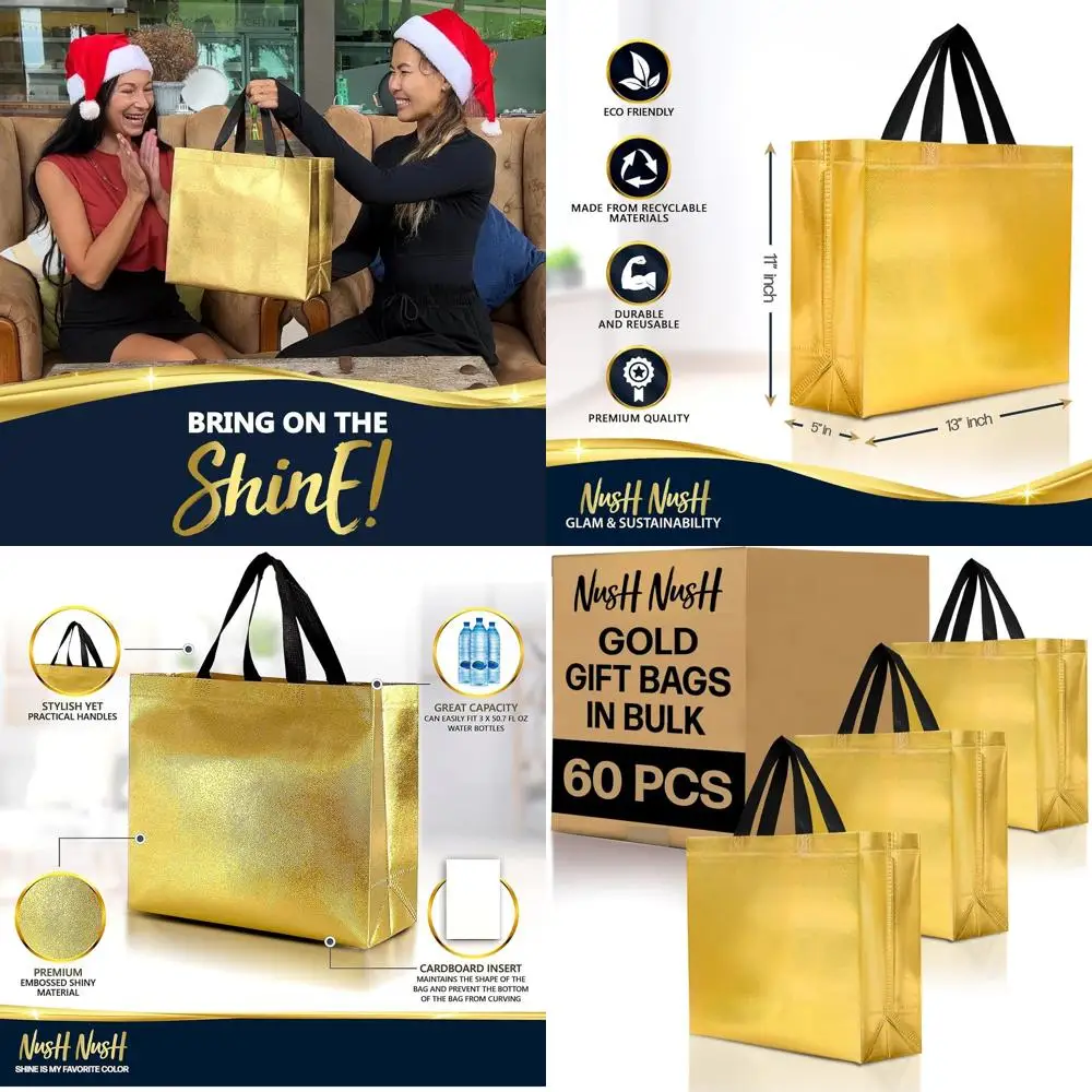 

Bulk Pack of 60 Reusable Gold Gift Bags with Handles - Ideal for Christmas, Birthdays, Parties, and Weddings, 13x5x11 Size