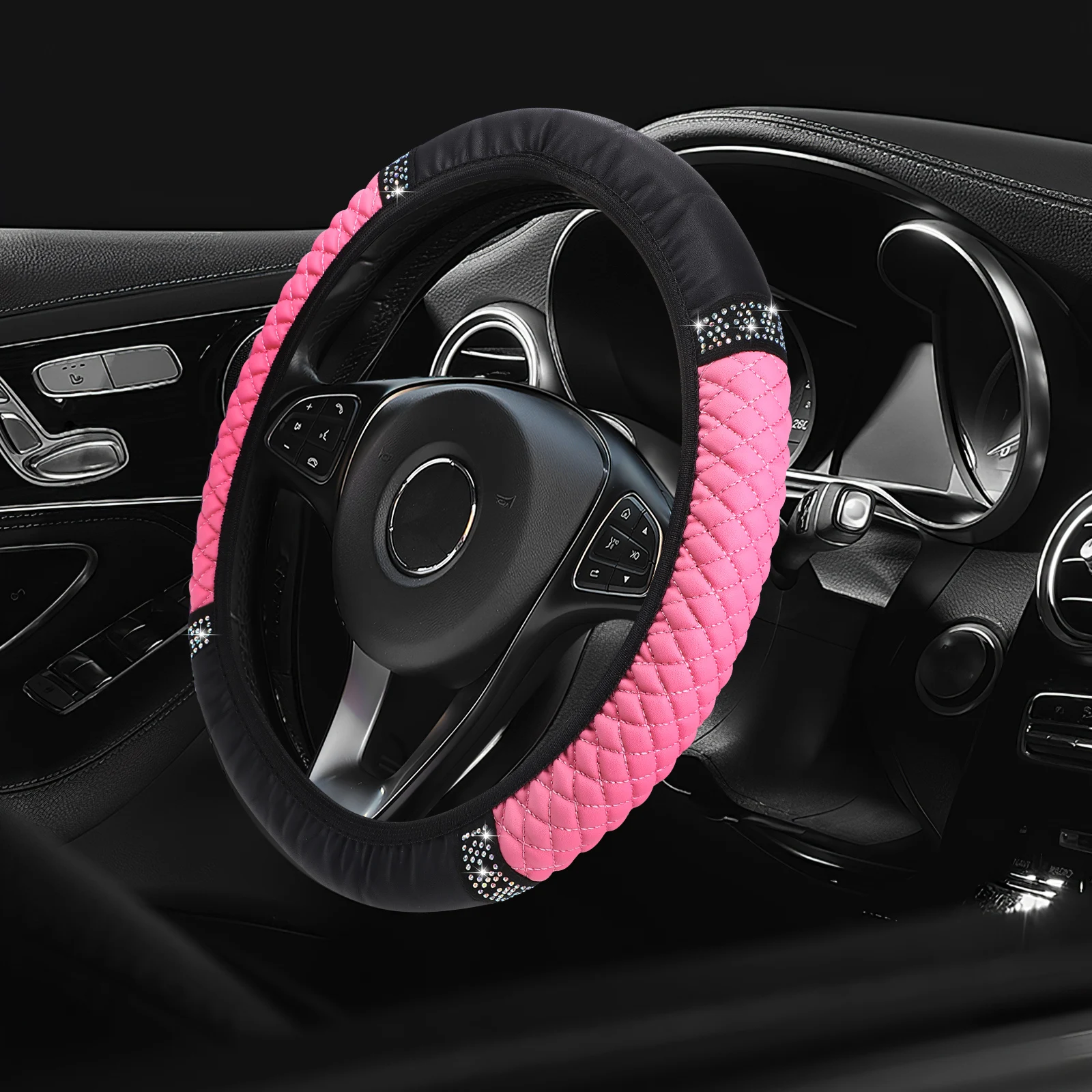 

2pcs Car Steering Wheel Bling Rhinestone Decorative Auto Universal Stretchy Pu Steering Covers Glitter Car Interior Accessories