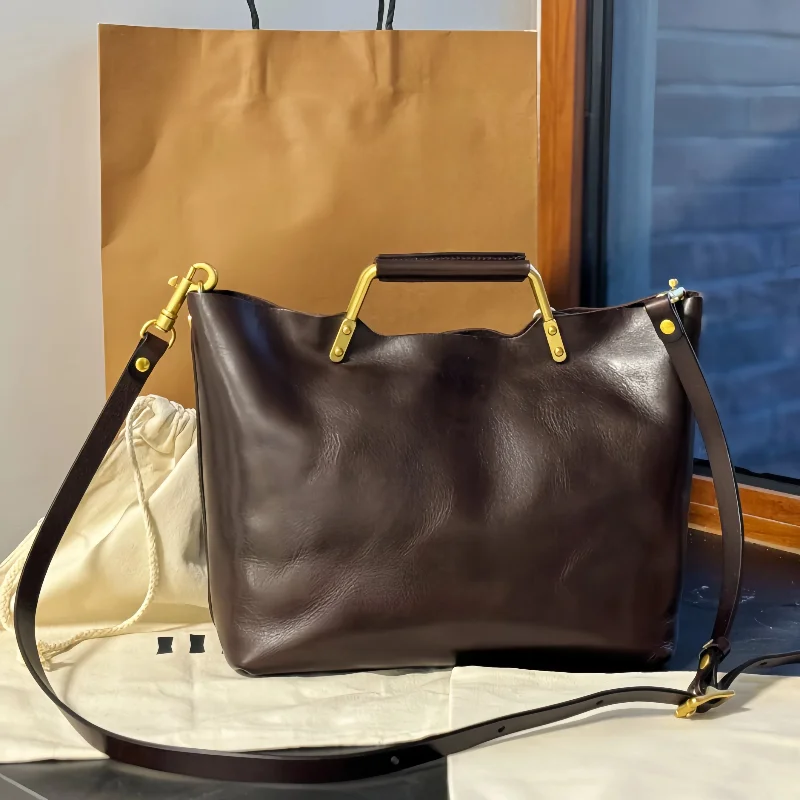 

Metal Handle Luxury Handbag Retro Large Capacity Tote Bag Shoulder Bag Multi-functional Simple Briefcase Commuter Crossbody Bag