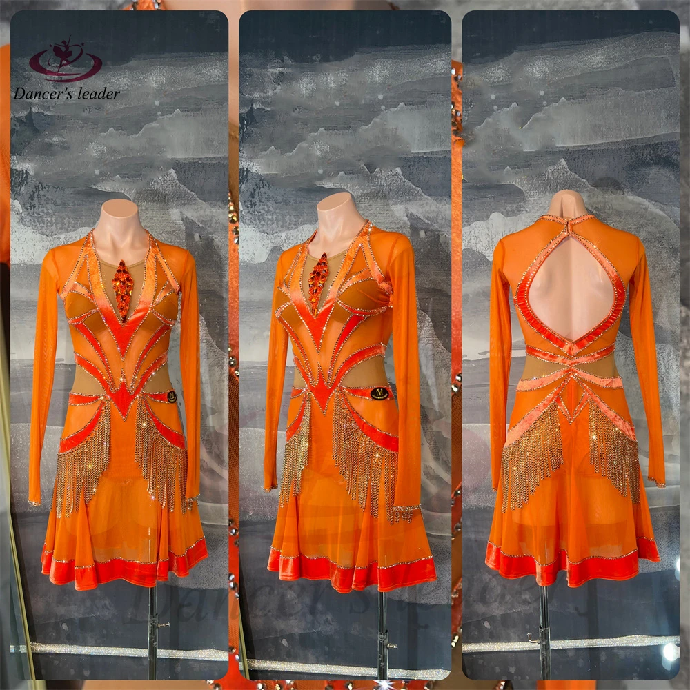 Dança latina ab pedra feminino adulto crianças high end personalizado ouro borla emenda malha preto piscina samba vestido