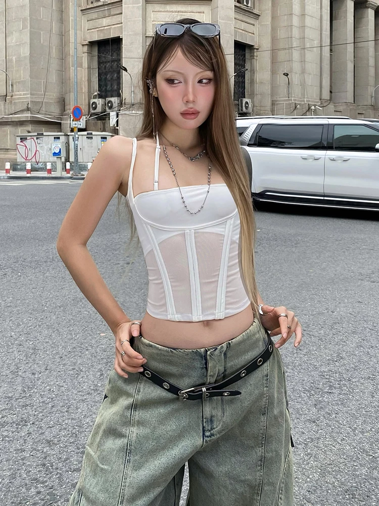 

Weird Puss See Through Camisole Women Fake Fishbone Y2K Sexy Low-Neck Skinny Patchwork Fake Two Pieces Street Hottie Summer Tops