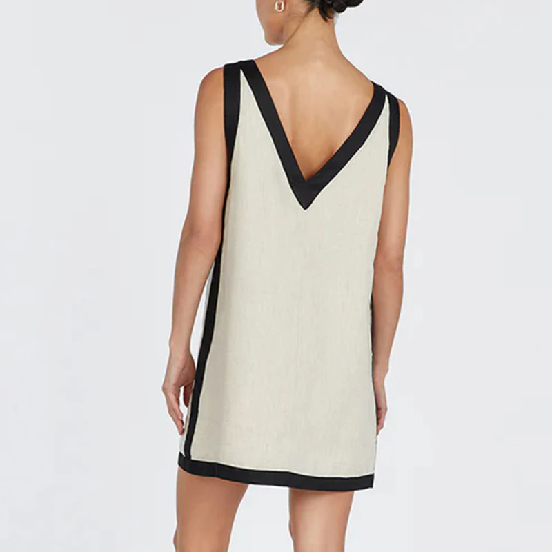 Chic Linen Summer Women Dress 2024 Solid Sleveelss Pacthwork Basic Tank Dress Elegant Ladies Dresses Summer Sale Boho Sundress