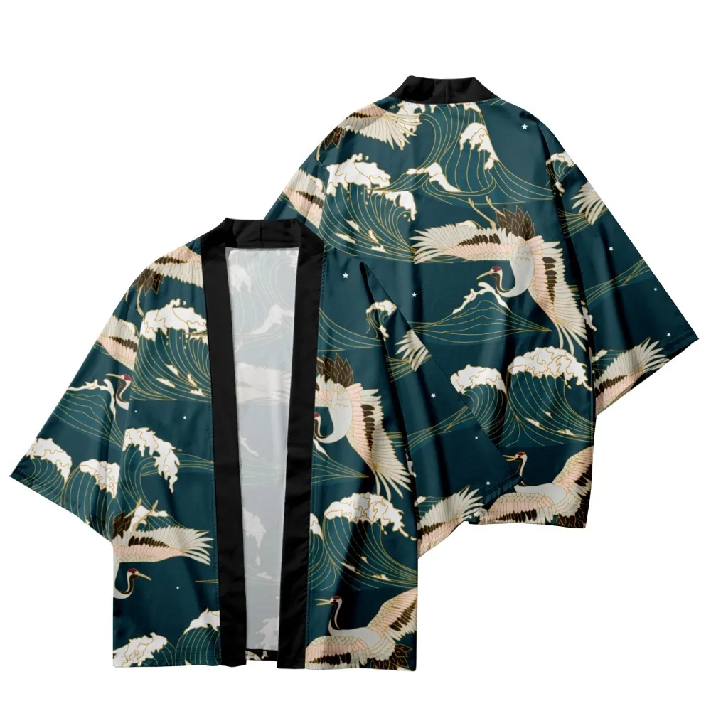 

Wave Crane Printed Japanese Kimono Cardigan Beach Shorts Sets Harajuku Couple Women Men Casual Loose Streetwear Size S-6XL